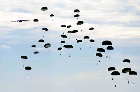 plane and people with parachute on sky thumbnail