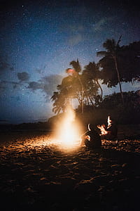 silhouette of man and woman sitting near bonfire on seashore thumbnail