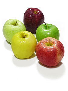 five assorted apple fruits on white surface thumbnail