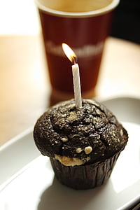 chocolate cupcake with lighted candle on top thumbnail