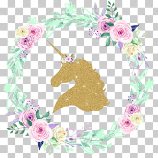 Unicorn Glitter Decal Iron-on , Unicorn background, pink, purple, and yellow roses wreath PNG clipart