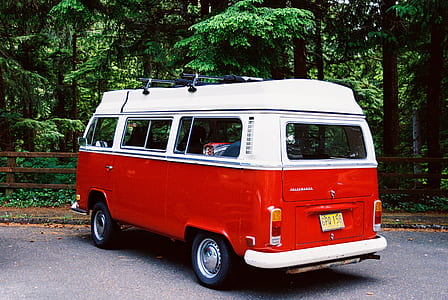 white and red Volkswagen Samba parked near forest thumbnail
