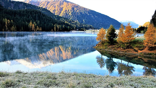 body of water beside green and orange trees in landscape photography thumbnail