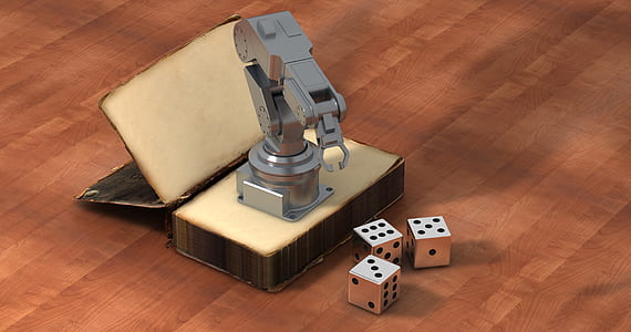 gray metal hook tool and three white dice thumbnail