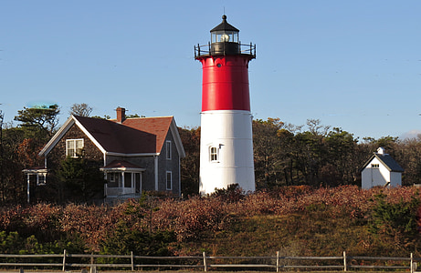 white and red lighthouse beside brown house under blue sky at daytime thumbnail