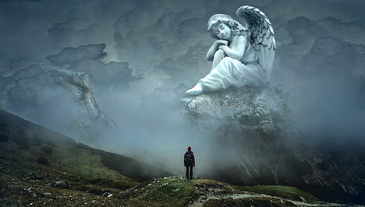 silhouette of person looking at angel statue illustration thumbnail