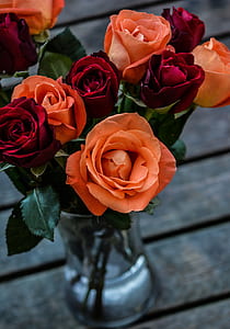 close-up photo of orange and red rose flower arrangements in clear glass vase thumbnail