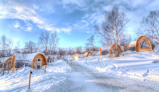 brown wooden houses covered in snow during daytime thumbnail