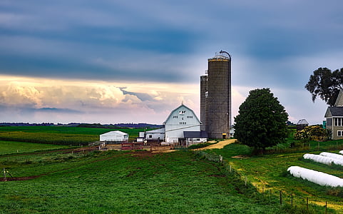 white barn house beside cylindrical tower thumbnail