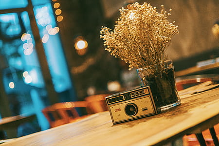 Gray and Black Slr Camera Near Clear Glass Vase thumbnail
