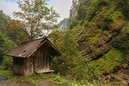 brown wooden shed near mountain cliff thumbnail