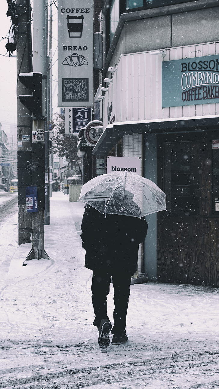 grayscale photo of person under umbrella during snow