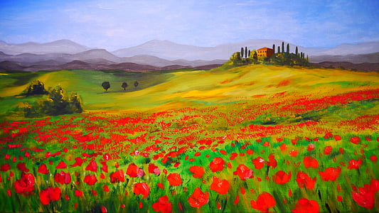 red petaled flower field painting thumbnail