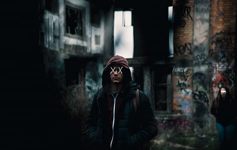 man wearing hoodie with x text overlay on eyes thumbnail