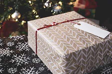 gray and white covered present near Christmas tree thumbnail
