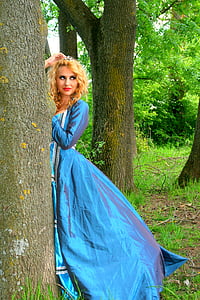 woman wearing blue long-sleeved maxi dress thumbnail