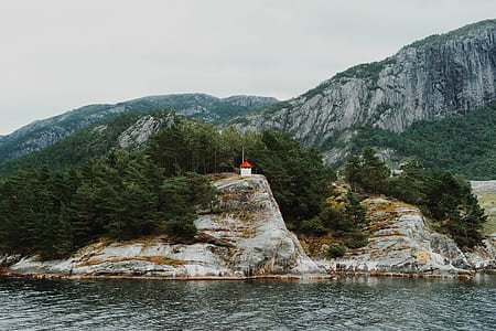 white and red house near tall trees and calm body of water at daytime thumbnail