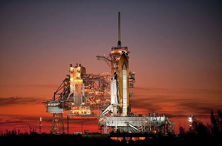 atlantis, space shuttle, rocket, launch pad, evening, night thumbnail