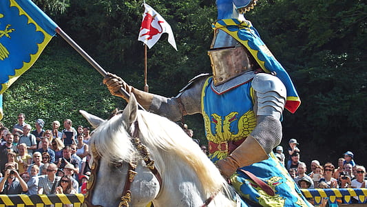 man riding horse while holding flag thumbnail