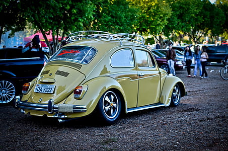 beige Volkswagen Beetle coupe parked beside black vehicle at daytime thumbnail