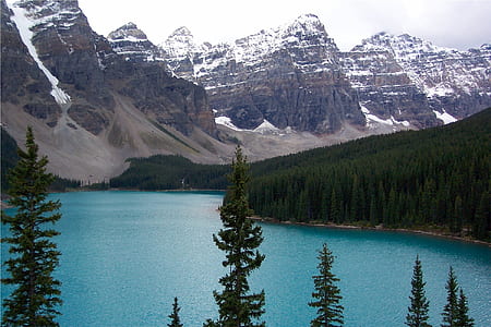 top view of body of water beside forest and mountain thumbnail