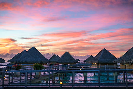 architectural photography of stilt huts on top of body of water during daytime thumbnail