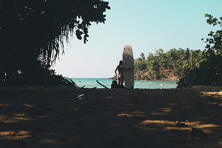 landscape photography of woman holding surfboard near sea thumbnail