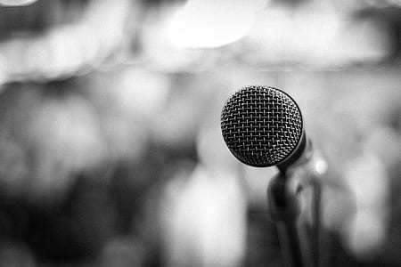 grayscale photo of microphone on stand thumbnail