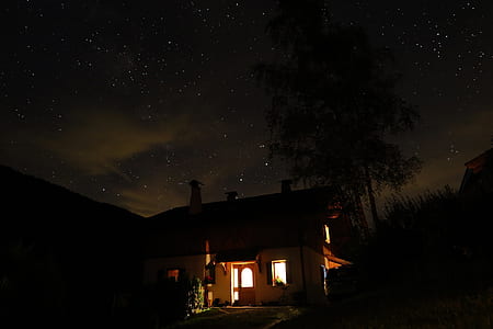 low angle photography of white and brown house at night time thumbnail