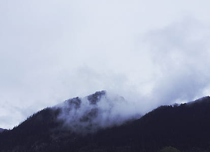 silhouette photography of mountain covered with mist thumbnail