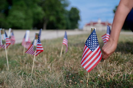 person putting U.S.A. flaglets on ground during daytime thumbnail