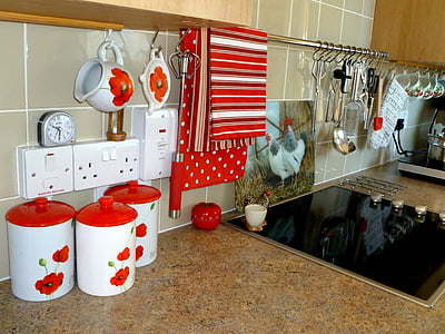 three white-and-red floral ceramic jars with red lid thumbnail