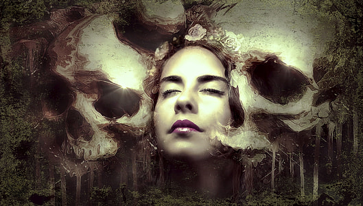 painting of woman with purple lips on skull background thumbnail