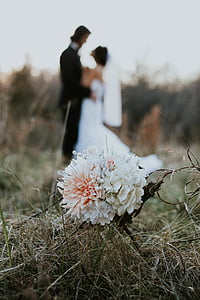 man and woman wearing wedding dresses standing on grass in selective focus photography thumbnail