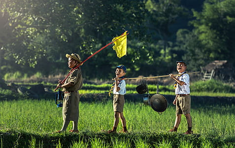 boy's wearing gray and white shirts walking near rice filed during daytime thumbnail