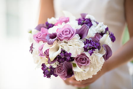 Woman Holding White And Purple Flowers thumbnail