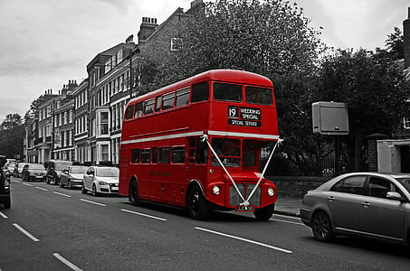 selective color photography of red double decker bus thumbnail