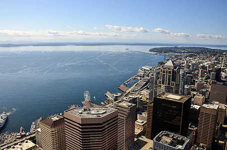 Skyline on the coastline with skyscrapers of Seattle, Washington thumbnail