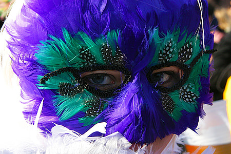 person wearing purple and teal masquerade thumbnail