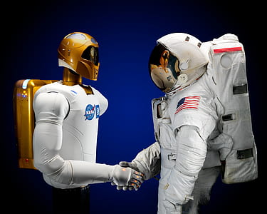 Nasa astronaut and robot shaking hands thumbnail