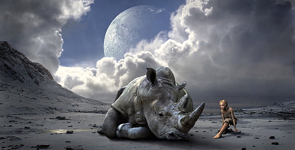 woman sitting beside gray triceratops dinosaur 3D wallpaper thumbnail