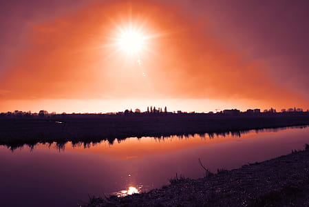 silhouette photo of trees near lake at golden hour thumbnail