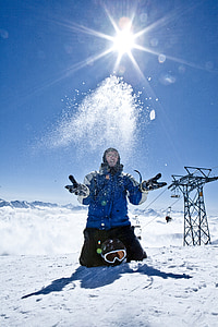 man in blue and gray jacket kneeling on white snow during daytime thumbnail