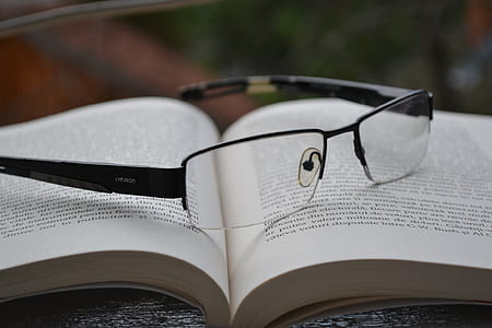 black framed temple eyeglasses on a open boook thumbnail