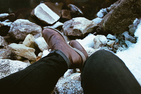 person wearing brown leather shoes near gray stone thumbnail