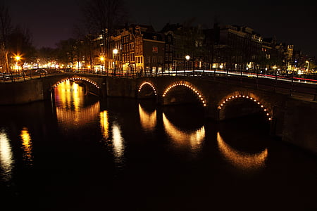 lighted bridge and streetlights at night thumbnail