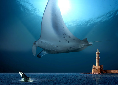 white and gray fish and brown tower painting thumbnail