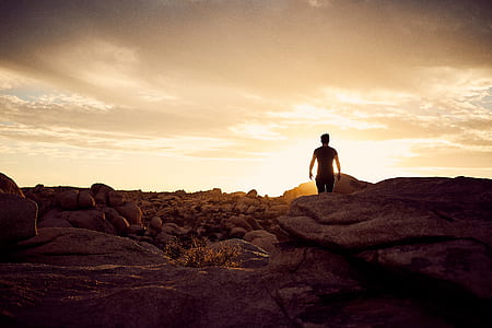person standing on big rock under brown and white sky during golden hour thumbnail