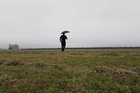 man with black umbrella walking on green field during cloudy skies thumbnail