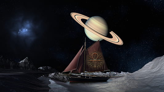 boat near Saturn plant wallpaper thumbnail